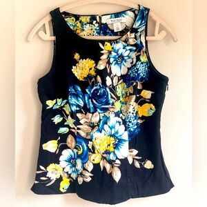 White House Black Market Floral Sleeveless Top - Black and Blue